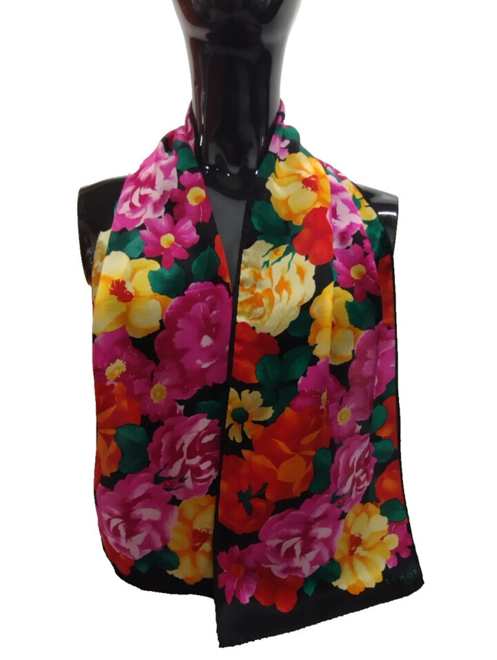 Vintage Echo Fine Silk Scarf Roses Fuchsia Red Yellow Black Elegant Oblong